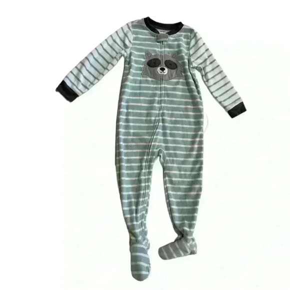 New Carter's Raccoon Fleece Pajama PJs 1 pc Boy Sleeper Footless Size 3T Green - Picture 2 of 9
